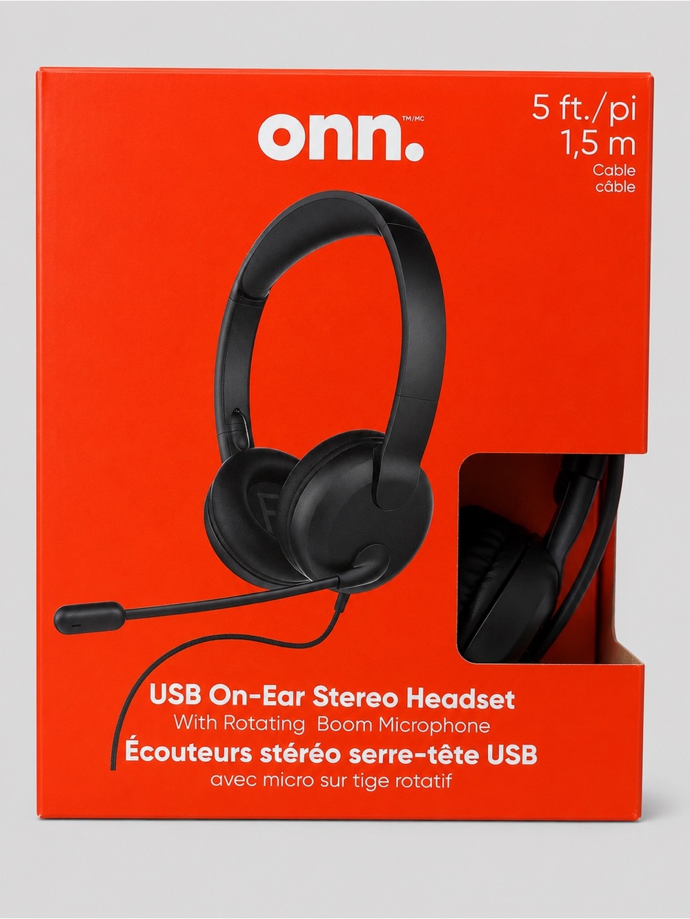 onn. Black USB On-Ear Stereo Headset with Rotating Boom Microphone